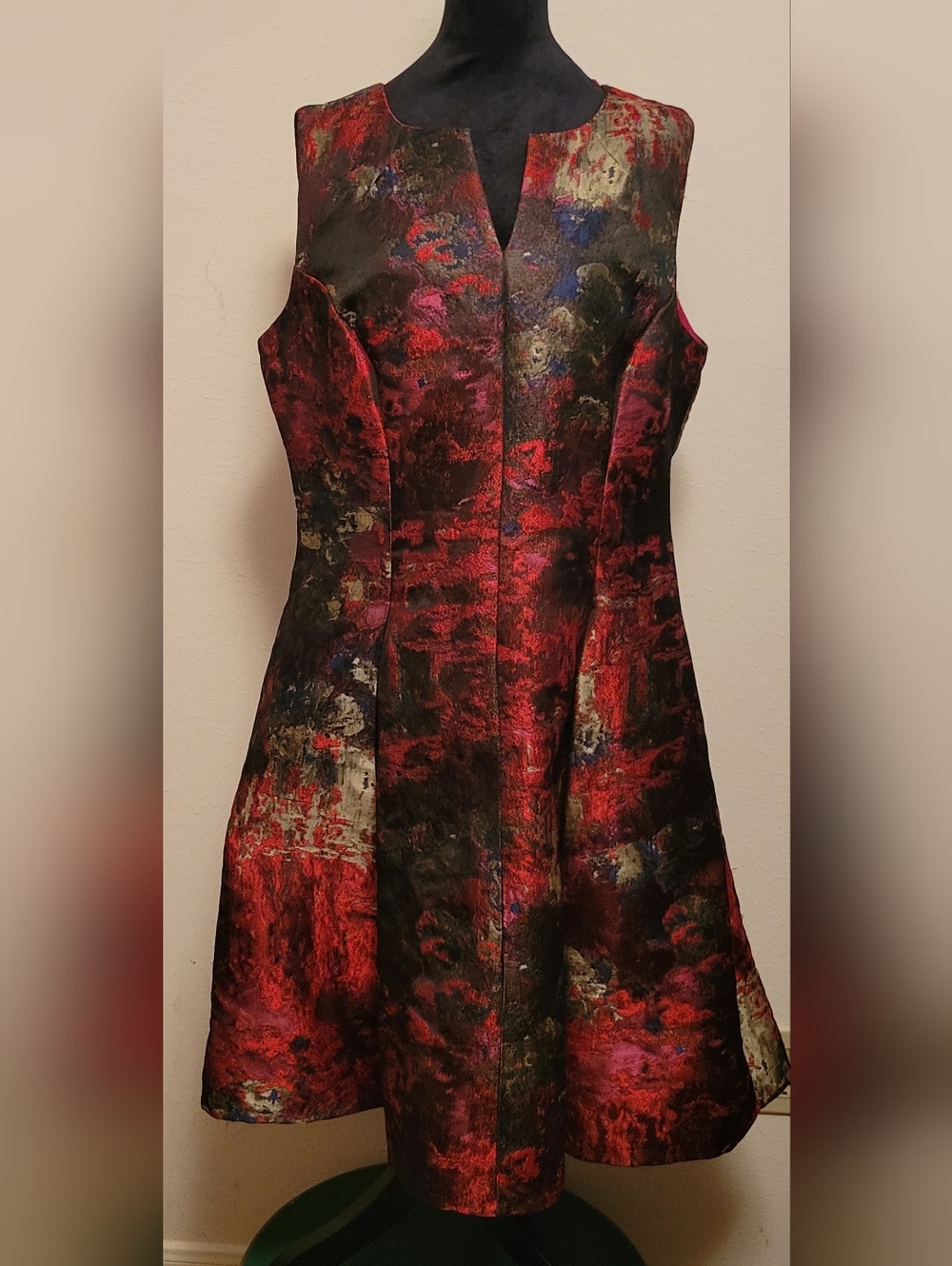 Chetta B Sleeveless Red & Black Brocade Fit-and-Flare Dress